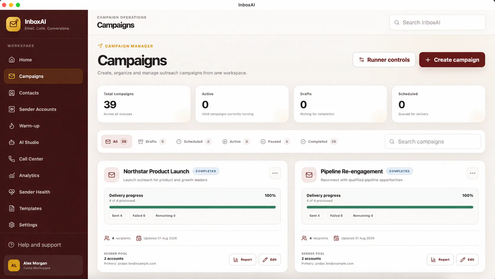 InboxAI campaigns workspace showing fictional demo campaigns