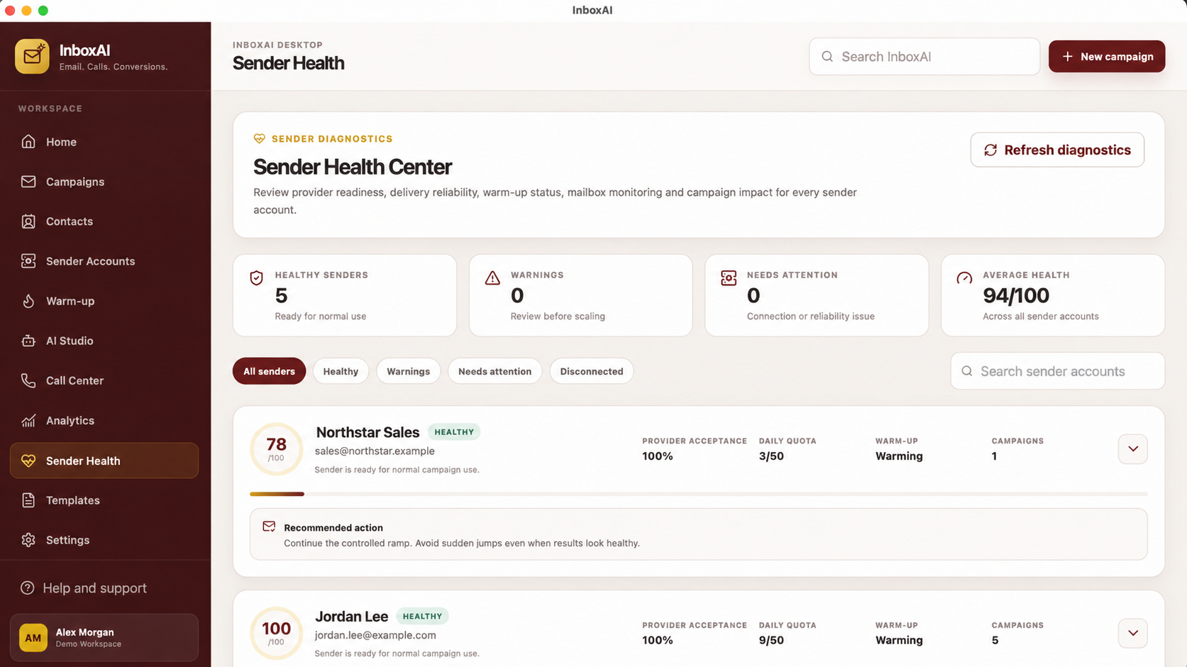 InboxAI Sender Health Center showing diagnostic scores and recommendations for demo sender accounts