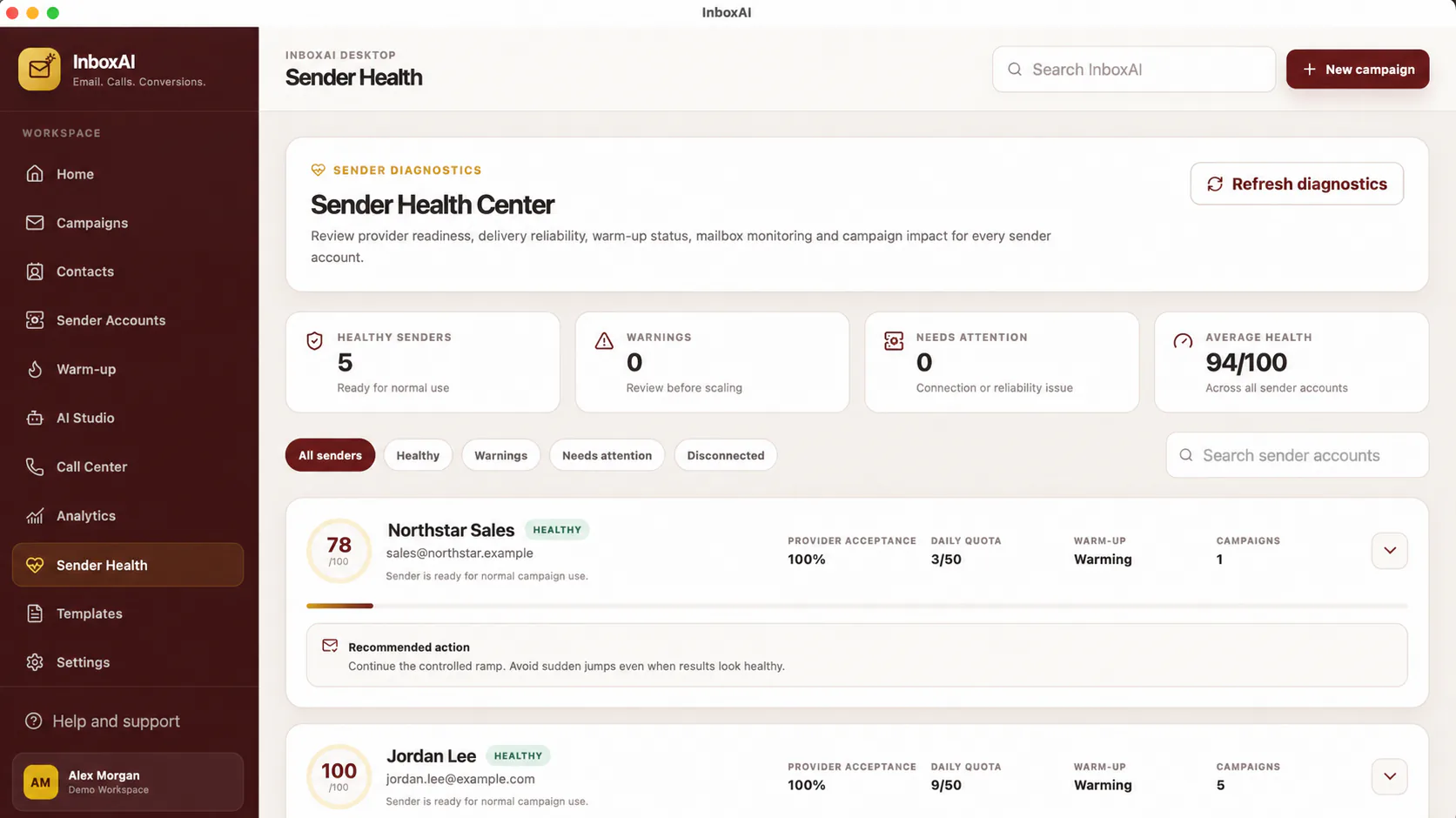 InboxAI Sender Health Center showing diagnostic scores and recommendations for demo sender accounts