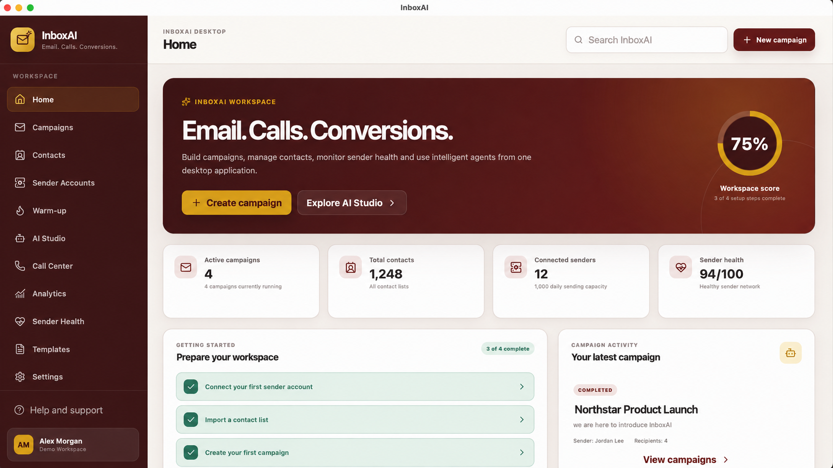 InboxAI desktop home workspace showing campaign, contact, sender and health summaries