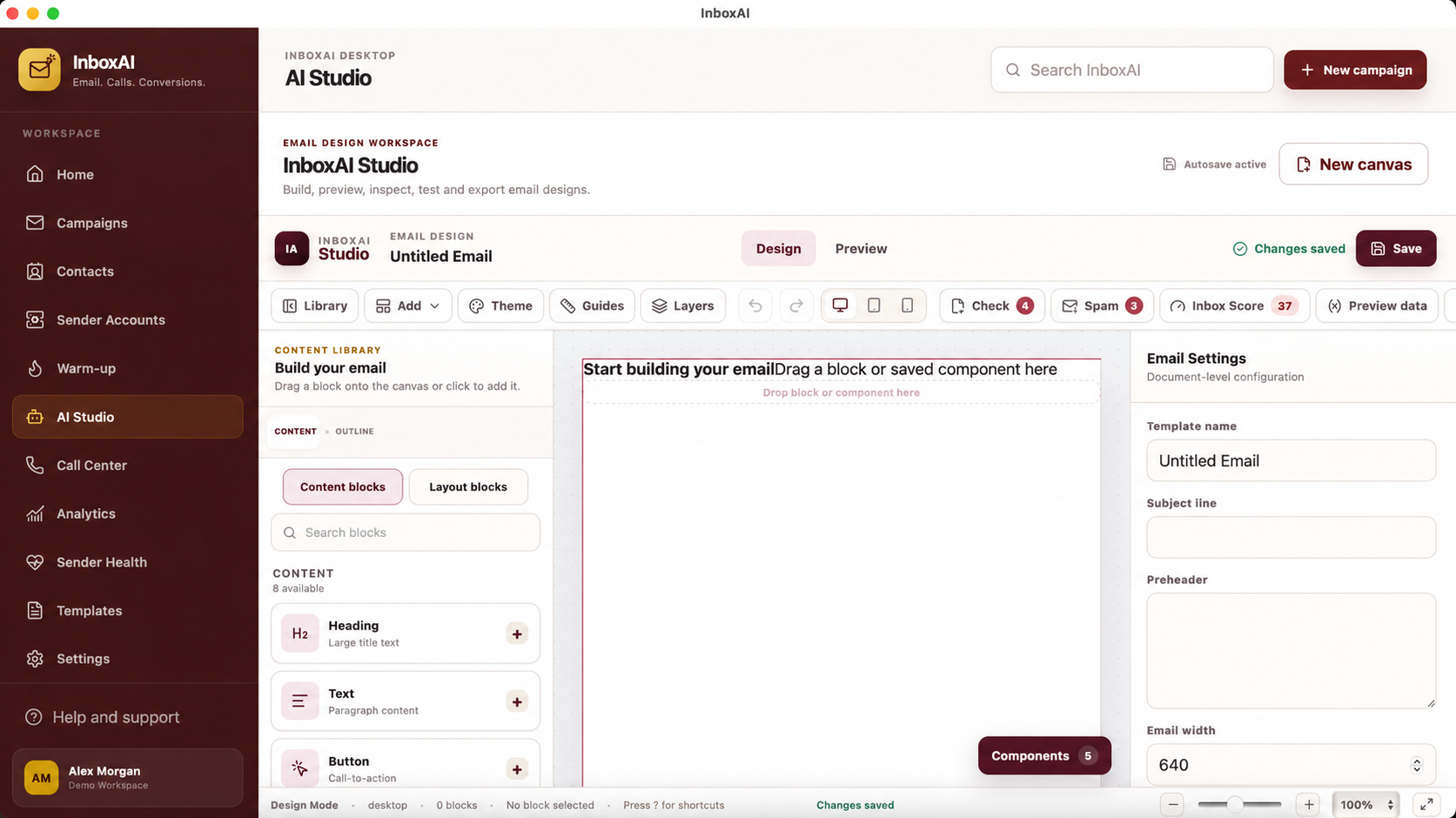 InboxAI Studio email design workspace with content library, canvas and settings panels