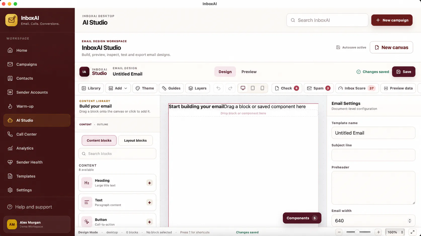 InboxAI Studio email design workspace with content library, canvas and settings panels
